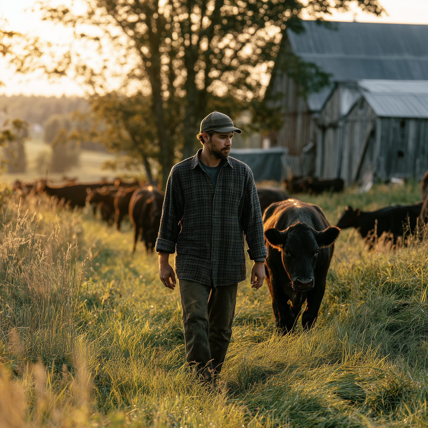 Farmer with grass fed cattle
